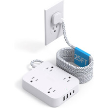 25ft Flat Plug Extension Cord with 4 Outlets & 4 Ports (2 USB-C), Wall-Mountable, ETL Listed — Compatible with Office, Travel, Dorm