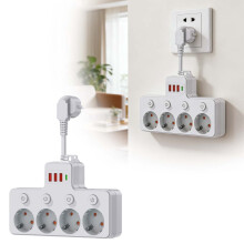 European Plug Power Strip Multi-Contact Socket with 3 USB and 1Type-C Ports Household Power Socket with Switch Surge Protector(Wired_Whtie)