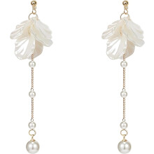 Seashell Pearl Flower Dangle Earrings for Women – Elegant Double-Layer White Freshwater Pearl Bridal Jewelry, Lightweight Golden Stud Drop Earrings