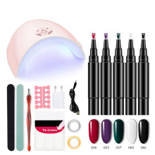 Nail Pen, Professional Nail Pen Set with U V Light, 3 in 1 Quick Dry Polish Pens for Women, Easy Gel Nails Polish Pens for Nails Art (5 Colors)