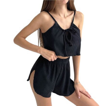 Pyjamasset för Kvinnor, 2-Delat Mjukt Sovplagg med Söta Tryck, Pyjamasshorts Svart L