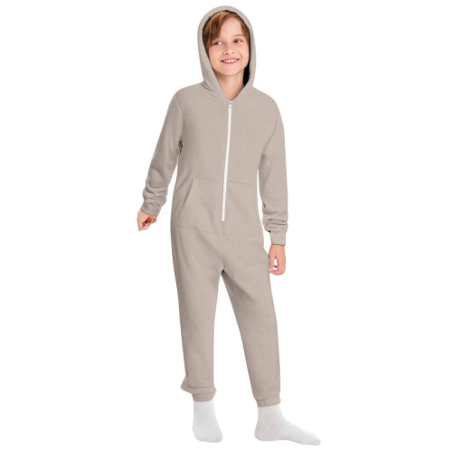 Children's Hooded Zip-Up Onesie with Pockets, Solid Color, 1