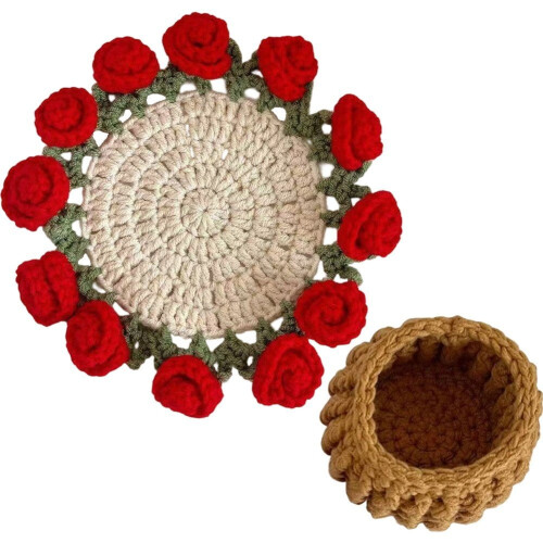 Handgestrickte Häkelblumen-Untersetzer im Boho-Stil, 4er-Set