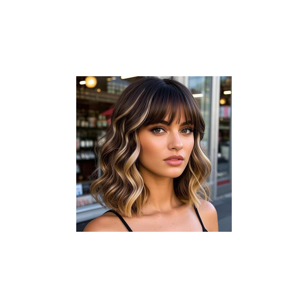 Blonde Highlight Bob Wig with Bangs Short Brown Synthetic