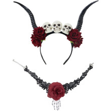 Diadema de Halloween con cuernos de buey, calavera y diseño de rosa.