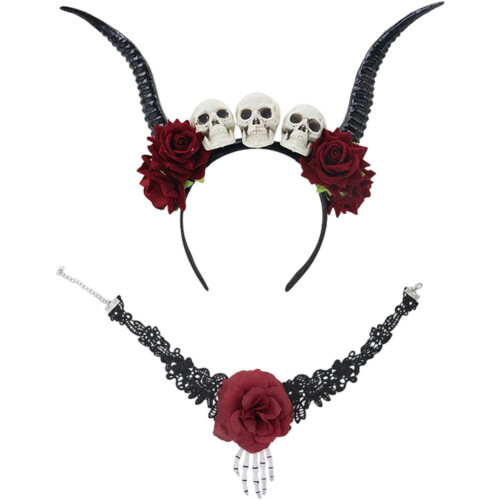 Tiara de Halloween com chifres de boi, caveira e rosa.