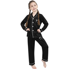 Long Sleeve Pants Set Girls Two Piece Outfits Silk Satin Bow Print Button Down Collared Shirts Girl Home Clothes Kids 3-14 Years Comfy Outfit