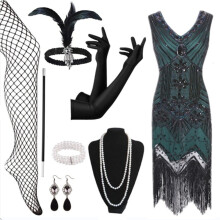 Női 1920-as évekbeli flapper ruha Vintage csipke rojtos ruha 20-as évekbeli kiegészítőkkel