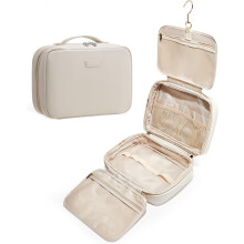 Toilettas met haak, make-up organizer van PU-leer voor dames, 4 vakken, draagbare reisbenodigdheden (beige)