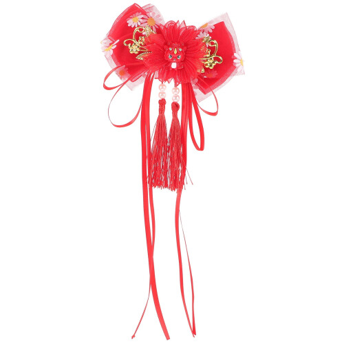 Pince à cheveux rouge à pompon style chinois