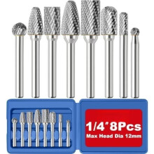 8-teiliges Hartmetallfräser-Set, 1/4"-Schaft, mit blauer Flachbox, 12 mm Fräser, Zubehör für Rotationswerkzeuge, Entgraten von Steinen,