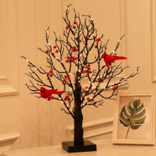 Luminária de mesa em formato de árvore com frutinhas vermelhas, LED com luz quente, perfeita para decoração de Natal e como peça central em um