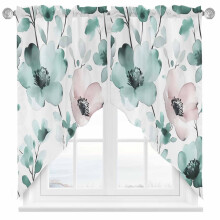 Cortina de varão vintage azul-petróleo com estampa floral rosa em aquarela, 71 x 91 cm, ideal para janelas de cozinha, banheiro e quarto.