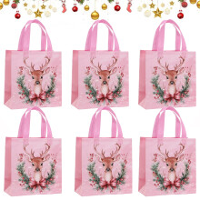 Conjunto de 6 sacolas de presente de Natal com estampa de rena rosa e alças, sacolas reutilizáveis de tecido não tecido para presentes e