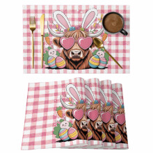 Jogo de 2 jogos americanos de Páscoa – Coelhos, ovos e cenouras de desenho animado, estampa floral e xadrez rosa, antiderrapante, lavável, para