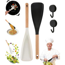 Neuer Multifunktionslöffel aus Zeder und Esche, 2-in-1, langer Salatlöffel aus mattem Holz und Silikon zum Mischen, Schöpfen und Abschaben für