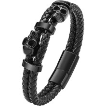 Armbanden van roestvrij staal met dubbele doodskop - Herenarmband van PU-leer met punk- en skeletmotief - Gotische armbanden