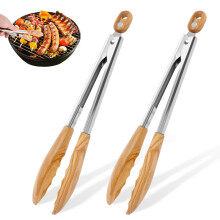 2er-Pack Olivenholz-Salatzange, 28,5 cm lange Holz-Salatzange mit Holzspitzen zum Servieren von Speisen, Küchenutensil aus Edelstahl mit gewelltem