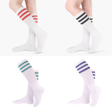 4 Pairs Men's Striped Knee-High Athletic Socks – White/Blue/Green/Red/Black, Polyester Blend, Stretchy Knit Fabric