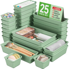 25-Pc Plastic Drawer Organizers Set, 4 Sizes, Vanity & Desk Trays for Makeup, Bathroom, Kitchen, Office (Green)