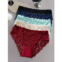 5pcs Floral Lace Panty Set, Women's Comfortable Triangle Panties with Lace Trim