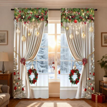 Pekkaxy Christmas Ball Holiday Curtains, 2D Red Xmas Print with Snowflakes & Pine Branches, Various Sizes, Compatible with Standard Rods