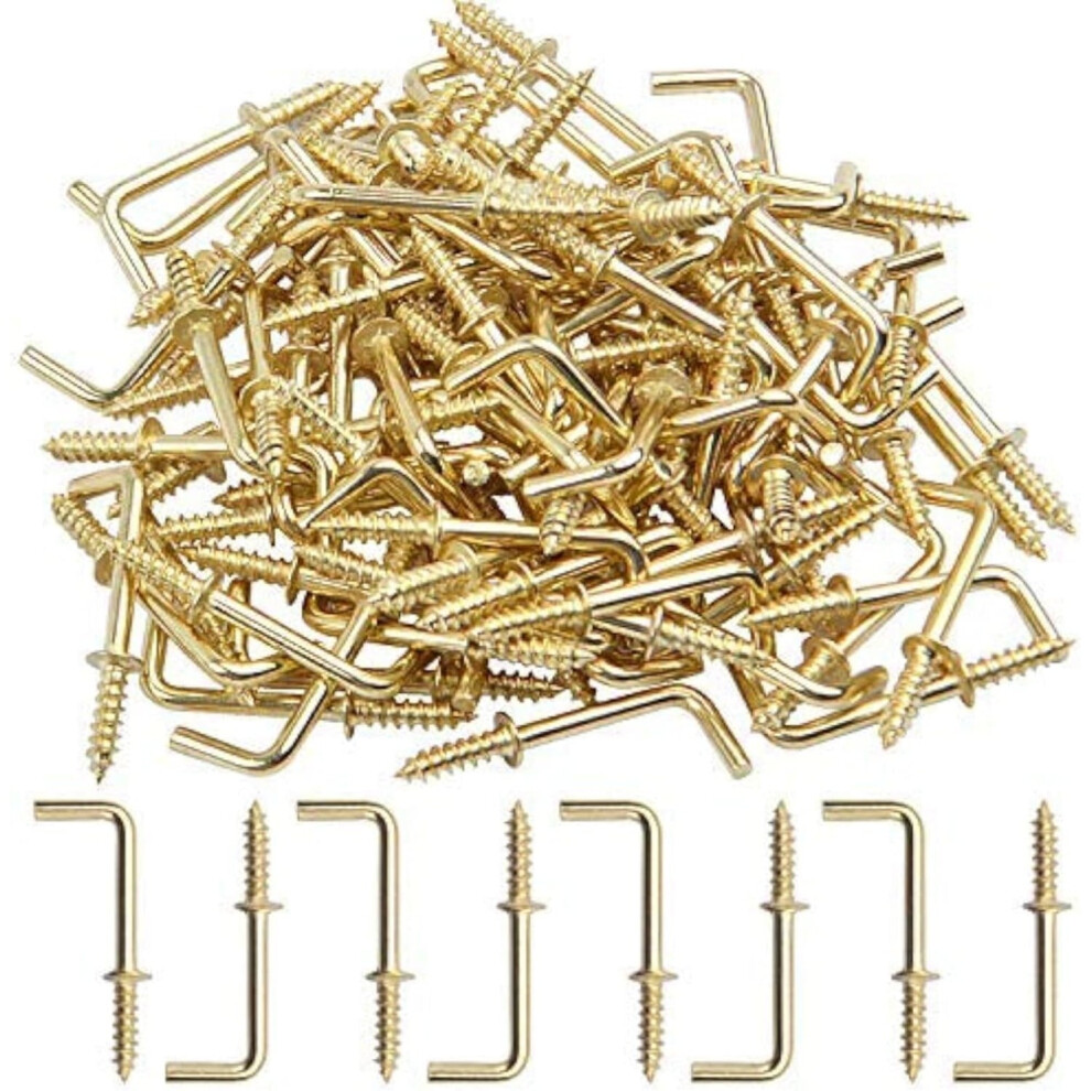 Metal Screw In Hooks, 100Pcs 3/4 Inch Right Angle Screw Hooks Square Bend Hooks Self-Tapping Scew Hook For Hanging, Gold 9180479333678