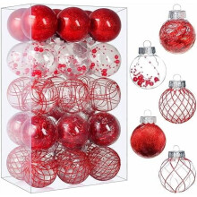 Clear Shatterproof Christmas Ball Ornaments, 30ct 2.36"/6cm Red Plastic Baubles for Tree, Party & Home Decor