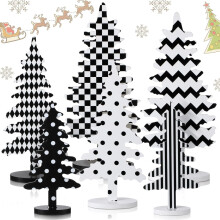 6pcs Wooden Christmas Tree Signs (6"/8"/10.5") – Black & White Tabletop, Mantel, Shelf, Office & Windowsill Decor