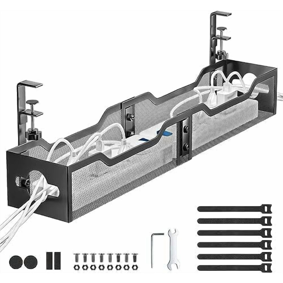 Black Under Desk Cable Management Tray, 25", No-Drill, Clamp Design, Compatible With Most Desks 9180479757672