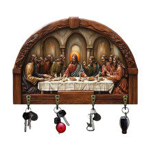 Easter Wooden Key Holder with Jesus Communion Theme – Wall-Mounted Decorative Keys Organizer for Entryway, Front Door, Hallway (Khaki)