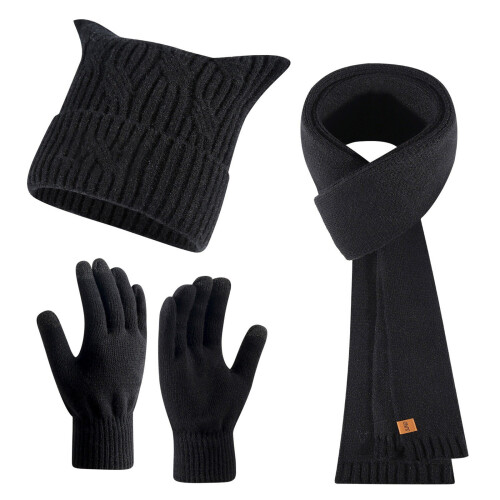 Conjunto feminino de gorro, cachecol e luvas em tricô trançado