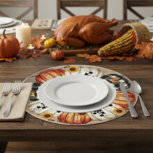 Round Fall Placemats, Pumpkin Maple Leaf Print Table Mats for Thanksgiving Dinner, Heat Resistant Cozy Table Decor(C)
