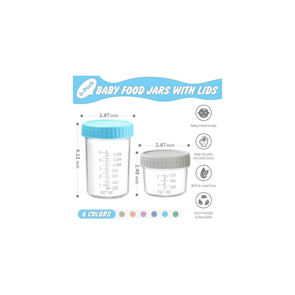 6-Pack Glass Baby Food Containers (4oz & 8oz), Microwave/Dishwasher/Freezer Safe, Leak-Proof, BPA-Free, Reusable
