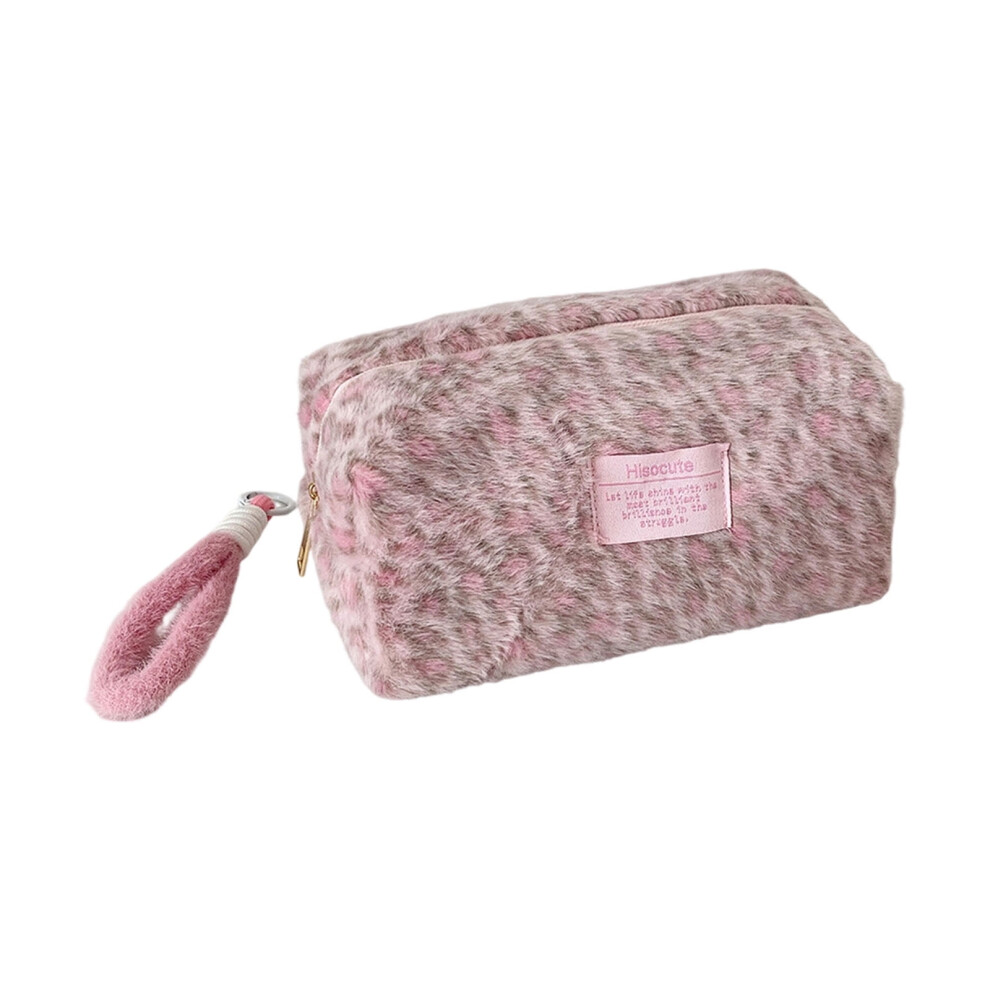 Winter Fashion Leopards Design Plush Travel Cosmetic Organizers Waterproof Portable Handbag For Daily Essential Storage