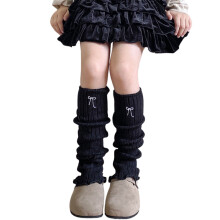 AWZXDE Girls Socks with Bow Embroidery Japanese Style Solid Color Classic Knit Leg Warmers for Winter - Cozy and Fashionable Black