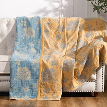 Boho 100% Cotton Muslin Twin Blanket (50x60"), 4-Layer Quilted, Reversible Yellow/Blue Floral Throw, Breathable & Soft – Compatible with All Seasons