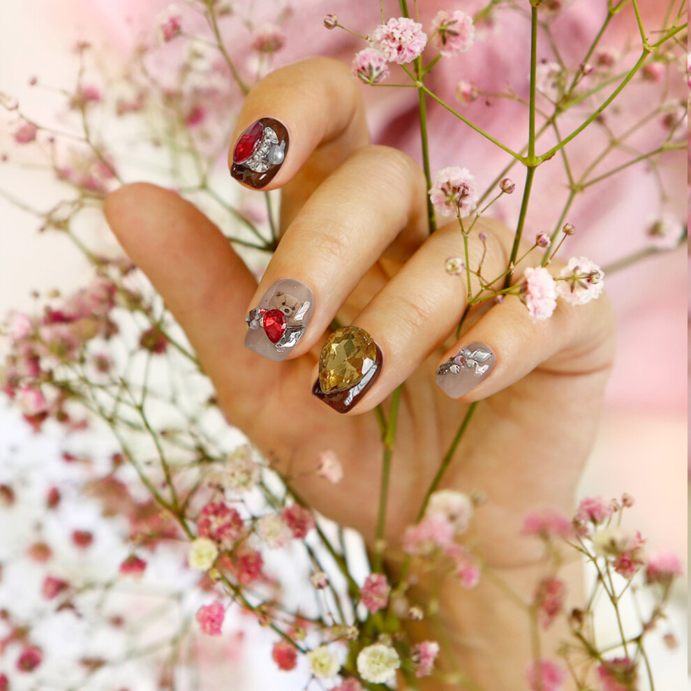 Bright-Home (Xs) Retro Style Brown Fake Nails With Bear Printed Sweet & Charming Reusable False Nails For Stage Performance Wear