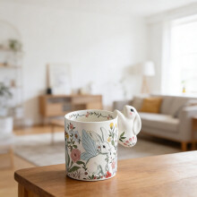 Rabbit Handle Ceramic Coffee Mug 11Oz Floral Bunny Design Underglaze Color Easter Coffee Cup For Spring And Daily Use(White-3.7X3In)