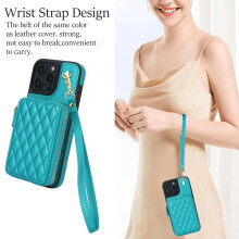 Modieuze crossbody portemonnee met ritssluiting en polsbandje, leren telefoonhoesje compatibel met iPhone 16 Pro Max, 15 Plus, 14, 13, 12/12 Pro, 11