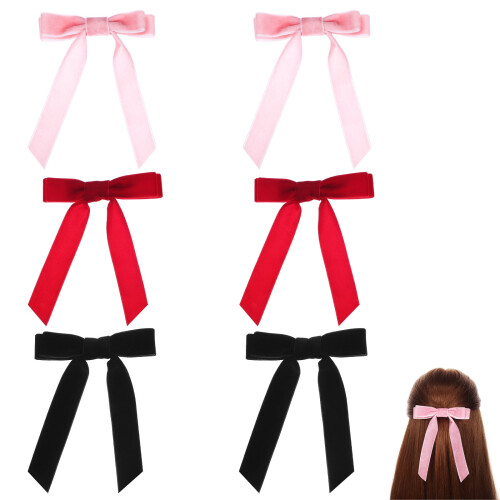 6 Samt-Haarspangen mit Schleife – Rot, Schwarz, Rosa