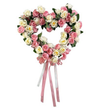Corona de rosas en forma de corazón, 38 cm, para el Día de San Valentín, con cintas, flores artificiales, guirnalda en forma de corazón para la