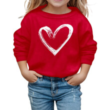 Blusa de moletom feminina de manga comprida com gola redonda e estampa de coração, macia e casual, para crianças de 3 a 14 anos. Confortável e