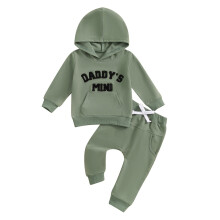 Conjunto infantil masculino de duas peças: blusa de manga comprida com estampa de letras + calça com cordão – ideal para o dia a dia no