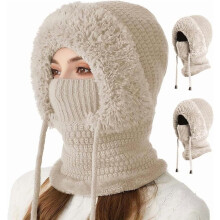 3-in-1 muts met sjaal en masker, 3-in-1 muts voor dames, warme gebreide muts met fleece sjaal en masker