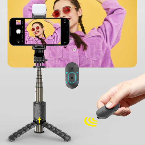 Bluetooth Selfie Stick with Remote, Extendable Tripod, Removable Light & Phone Holder—Compatible with Android & iOS