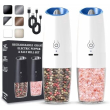Rechargeable Electric Salt & Pepper Grinder Set of 2, Adjustable Coarseness, LED Light, Compatible with AA batteries (White)