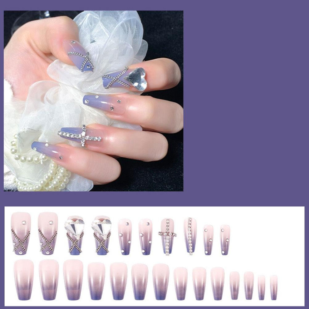 Wearable French Fake Nails Removable Rhinestone Butterfly Gradient Nail Art