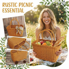 Handwoven Imitation Rattan Basket, Multifunctional For Fruit Storage Supermarket Shopping Picnic, Portable With Handles