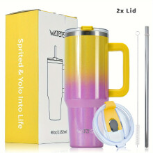 40oz (ca. 1,2 l) Edelstahlbecher mit Regenbogenfarbverlauf, inklusive 2 Strohhalmdeckeln und Strohhalmen, kompatibel mit AS